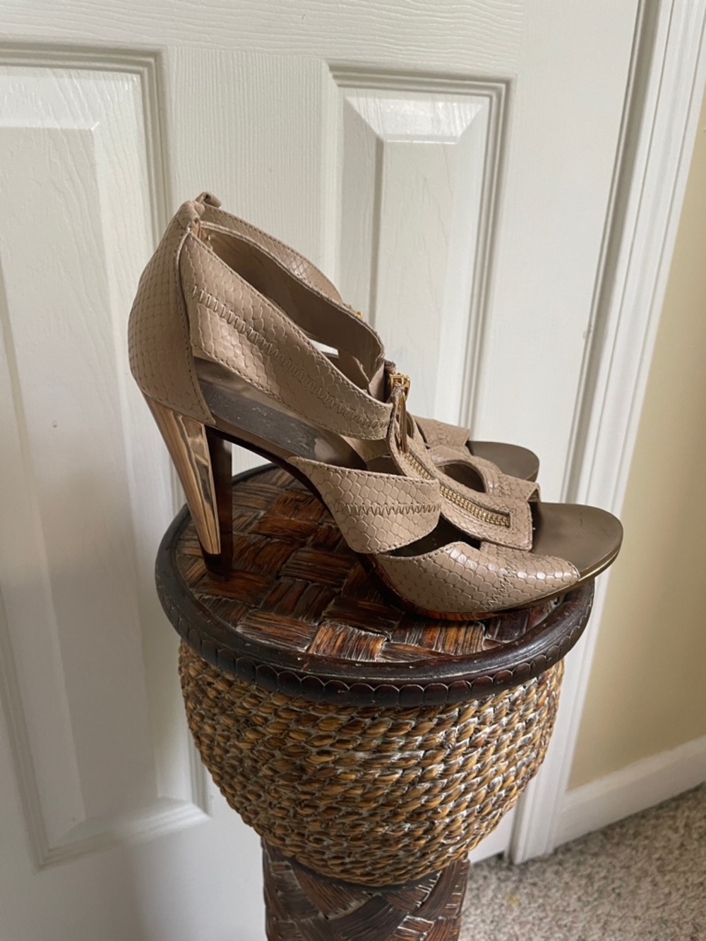 Michael Kors Taupe Preppy Quiet Luxury Textured High Heel Sandals